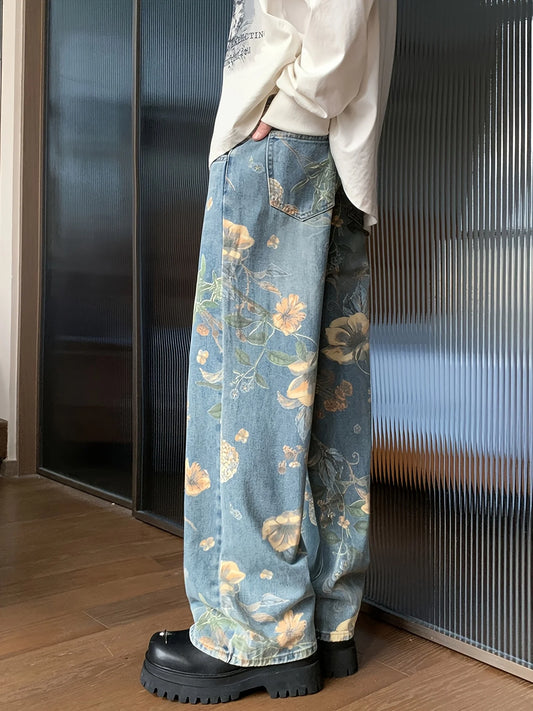 High-Quality Large-Flower Jeans, Summer Thin Style, 2025 New High-Waisted Slimming Straight-Leg Loose Wide-Leg Pants