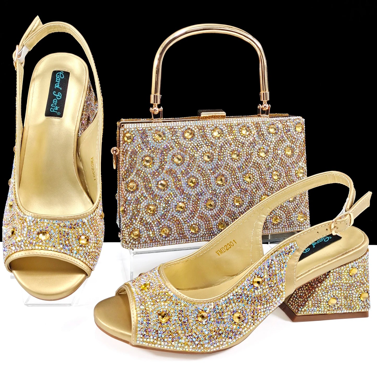 Rhinestone Design INS Hot Sale New Arrivals African Shoes and Bag Set in Green Color Open Toe Comfortable Women Heels