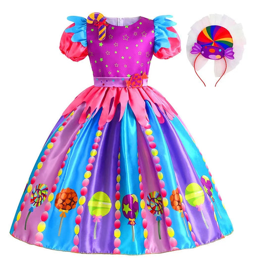 2026 New Candy Dress For Baby Girl Purim Carnival Birthday Costume Fancy Rainbow Short Sleeve Cute Dress + Accessories Set
