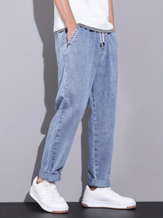Men's Straight-Leg Jeans with Adjustable Drawstring Waist, Made of Breathable and Soft Fabric, Loose Casual Style.