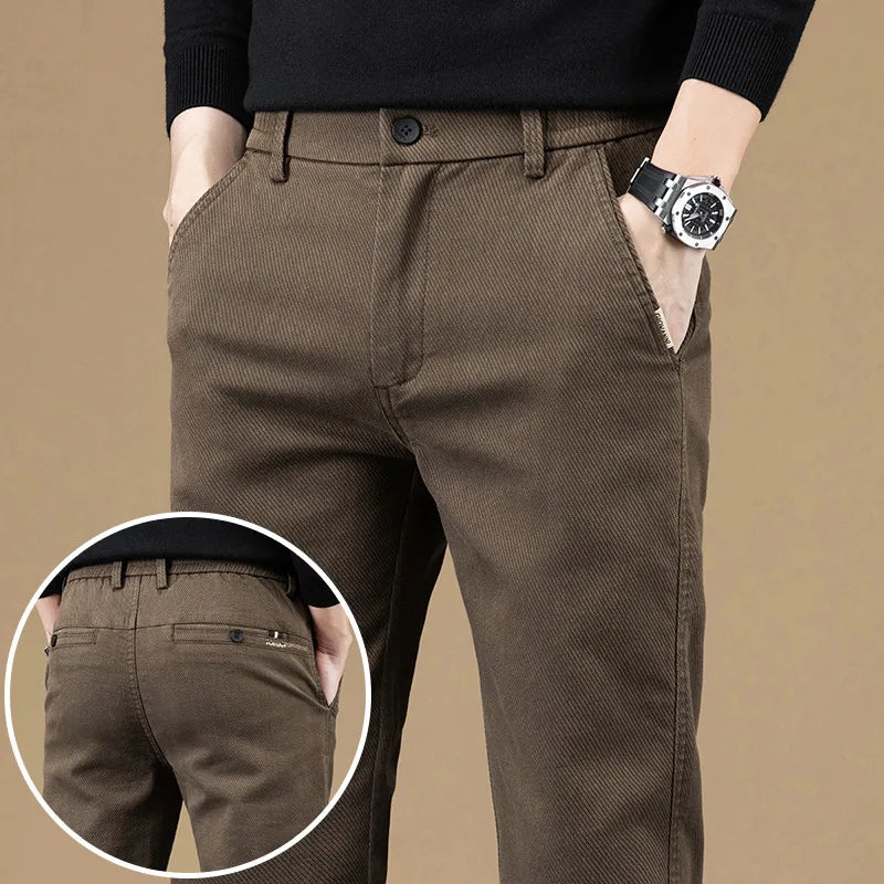 2024 Spring New Business Casual Pants Men Thick Slim Elastic Waist Trousers Classic Brown Black Grey High Quality Male Clothes