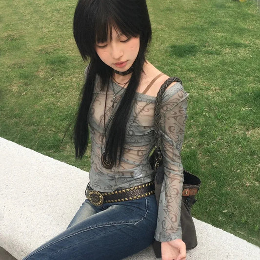 Grunge Aesthetics Mesh Tops Japanese Y2k Sheer Tops Vintage Harajuku See Through Crop Top Korean Fashion Tie Dye T-shirt