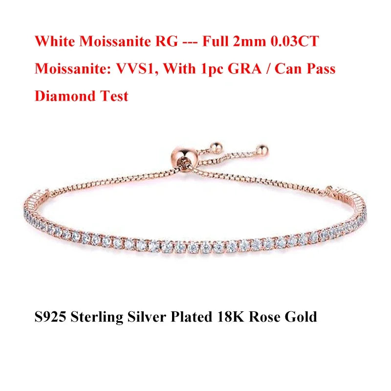 Full 2mm Moissanite Diamond Tennis Bracelet for Woman Man Certified s925 Silver Plated 18K Adjustable Link Chain Bracelets