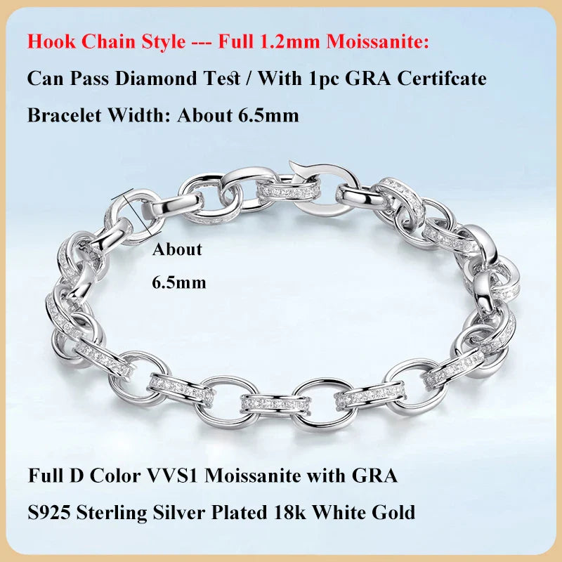 Full Moissanite Diamond Hook Link Chain Bracelet 1.2mm D Color For Woman Man S925 GRA Certified Couple Bracelets Bangle