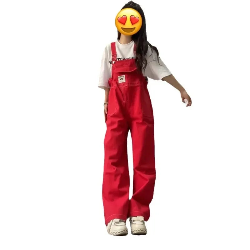 American Retro Red Denim Overalls Women Summer Loose Slimming Design Long Pants High Waist Overalls Vintage Style Jeans