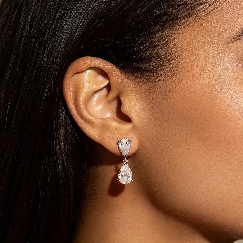 Double Water Drop All Moissanite Drop Earrings for Women Pear Cut Classic Wedding Bridal Jewelry S925 Sterling Silver