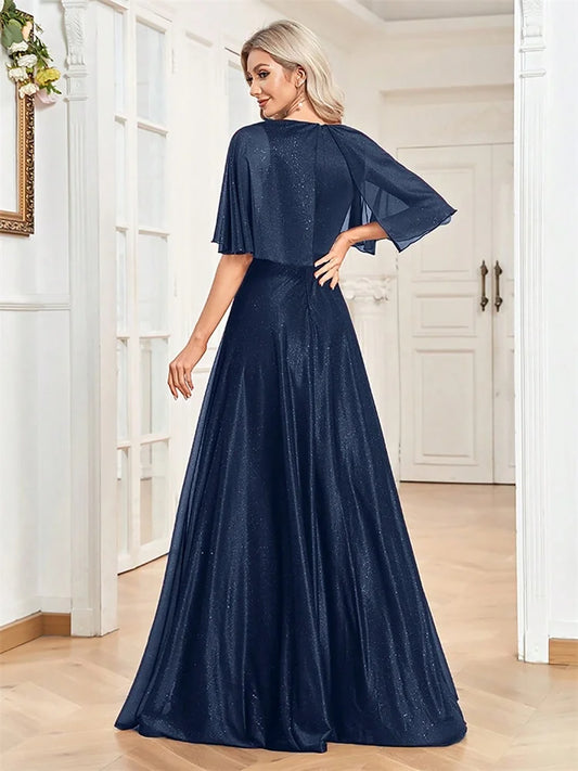 Elegant Shining V-neck Bat Sleeve Formal Evening Dresses Long Luxury Sequins Women Wedding Party Cocktail Prom Graduation Gowns