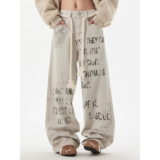 Spring 2025 Graffiti Apricot Jeans Women Y2K Vintage High Waisted Jeans Straight Streetwear Loose Large Wide Leg Denim Pants