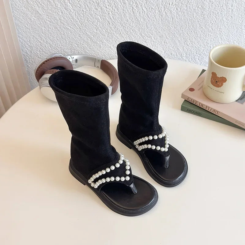 2025 Children High-top Sandals for Girls Summer New Fashion Korean Style Soft Sole Non-slip Versatile Pearl Roman Princess Shoes