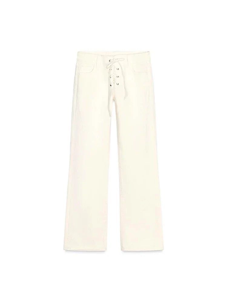 Calça Jeans Feminina de Cintura Alta com Cadarço e Bolsos, Reta, Branca, Verão 2025, Nova Moda