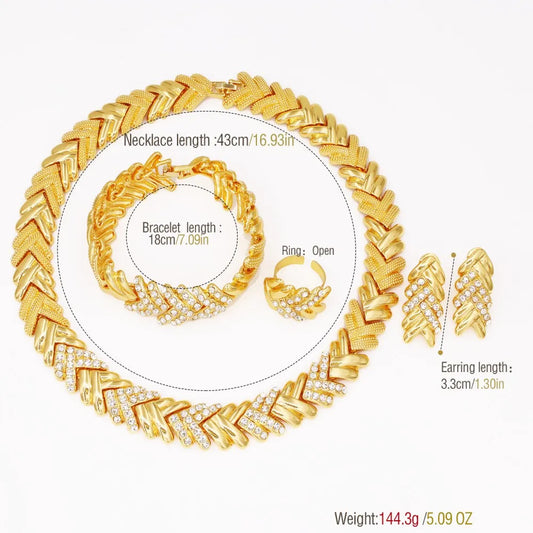 Fashion Crystal Jewelry Set Luxury Gold Plated Necklace Bracelet Wheat Ear Earring Ring Nigeria Wedding Gift 2025 New