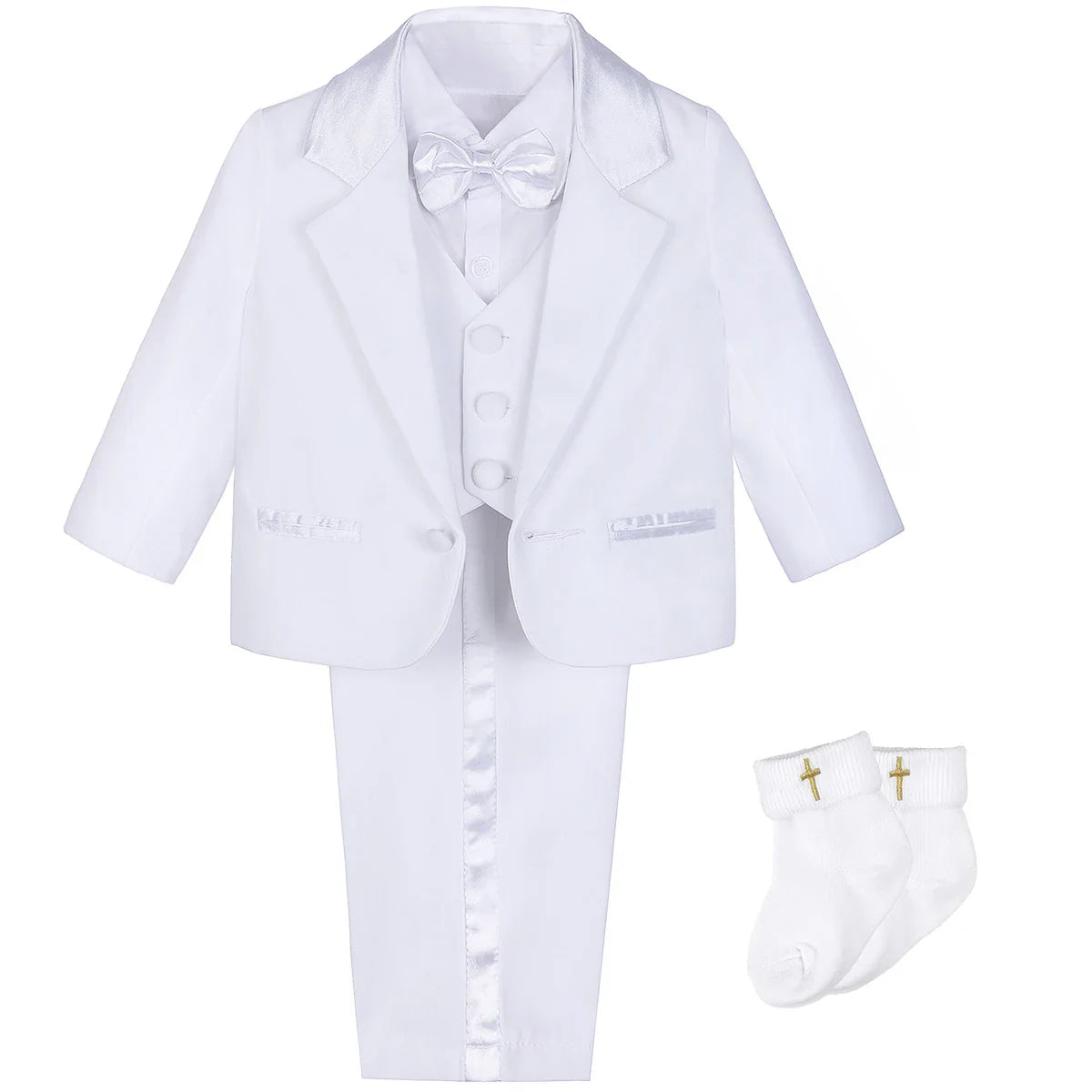 Baby Boy Baptism Outfit Infant White Christening Suit with Hat Toddler Wedding Birthday Party Clothing Long Sleeved Tuxedo 5PCS