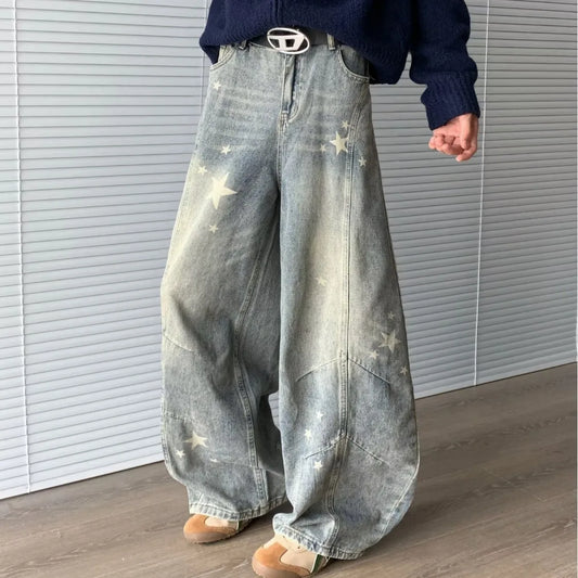 Vintage Casual Y2K High Waisted Straight Leg Star Jeans Fashion Cute Printed Gradual Pants for Men And Women
