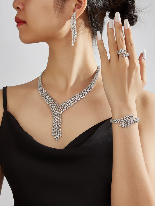 Luxury Brilliant Cubic Zirconia Bridal Jewelry Set Brides Accessories Tassel Water Drop Necklace Earring 4pcs Set for Wedding