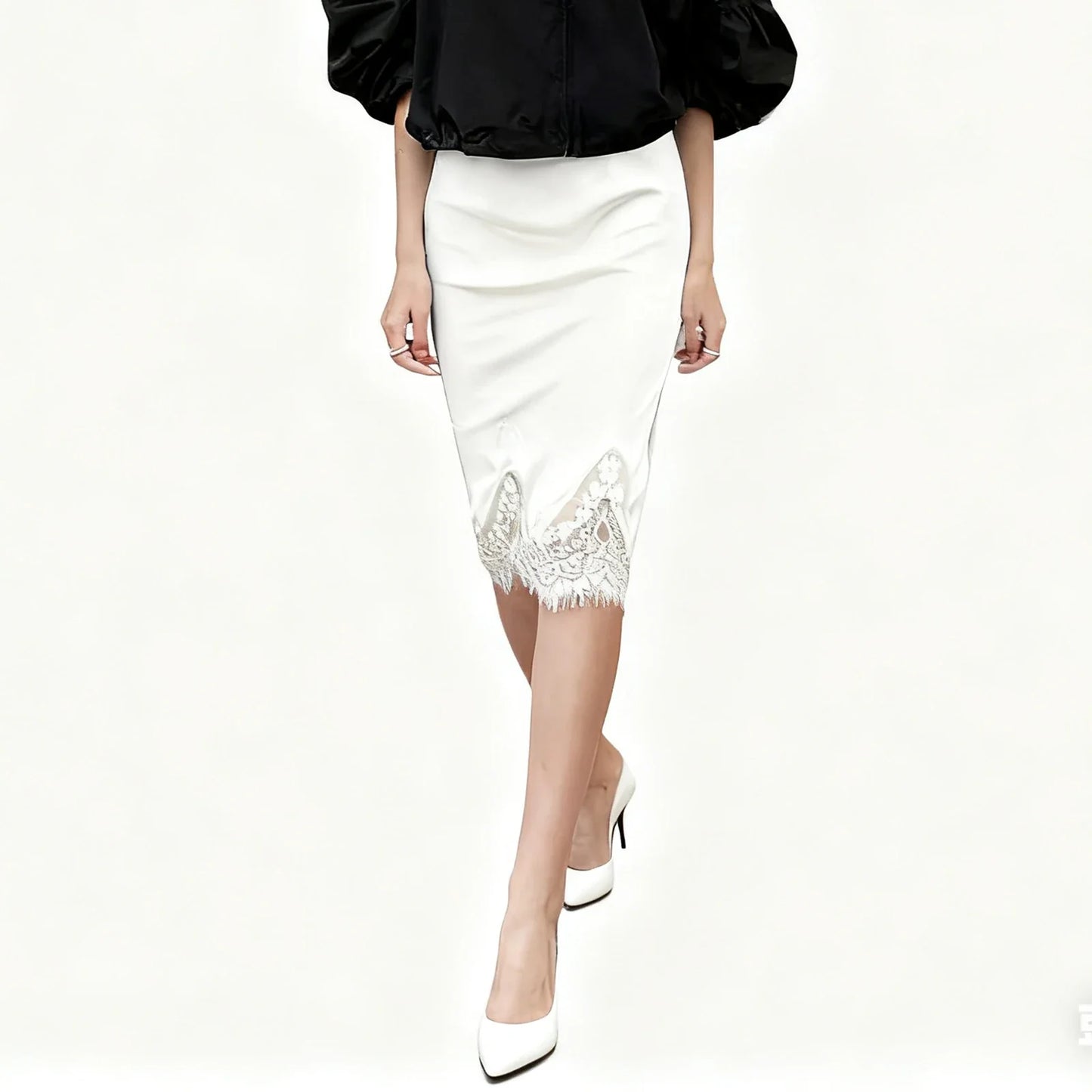 Women Satin Half Slip Skirts Lace Trim Elastic Waist Midi Skirt Elegant Silky Bodycon Knee Length Underskirts