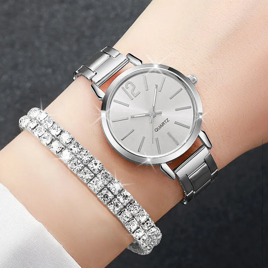 6PCS/Set Women's Watch Fashion Steel Band Quartz Watches Diamond Bracelets Set(Without Box)