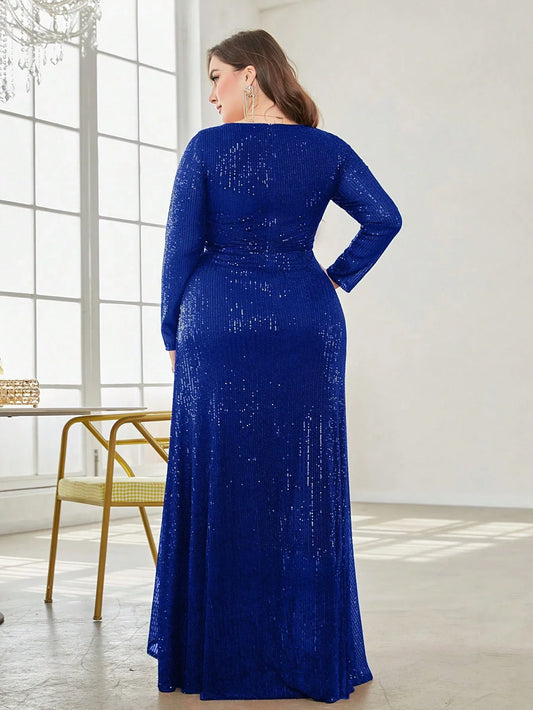 Plus Size Luxury V-Neck Long Sleeves Sequins Evening Dresses Women Elegant Party Maxi Cocktail Graduation Gowns