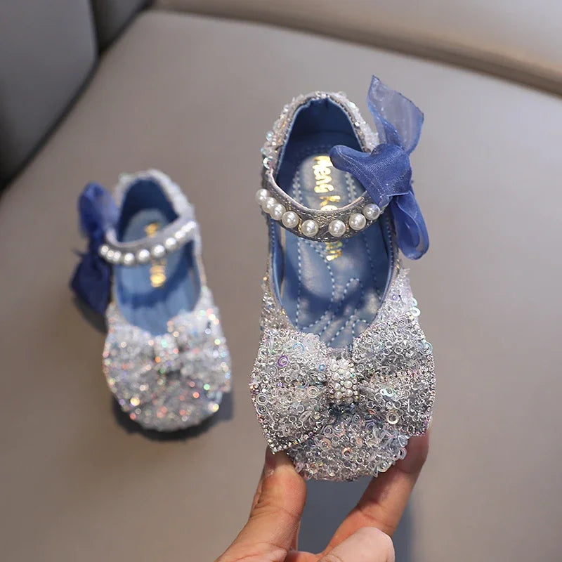 Toddler Girl's Princess Shoes Sequins Lace Bowknot 21-36 Children Mary Janes Three Colors Luxury Trendy Party Kids Shoes Flats