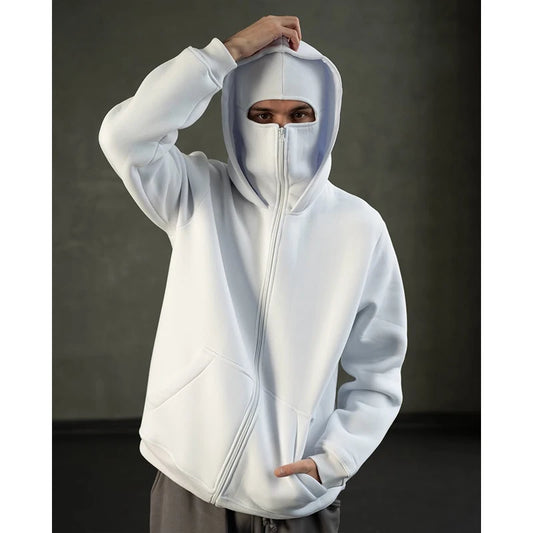 Men's Double Hat Mask Zipper Design Winter Windproof Hoodie Sports Jacket Outdoor Activities Hiking Travel Running Sweatshirt 