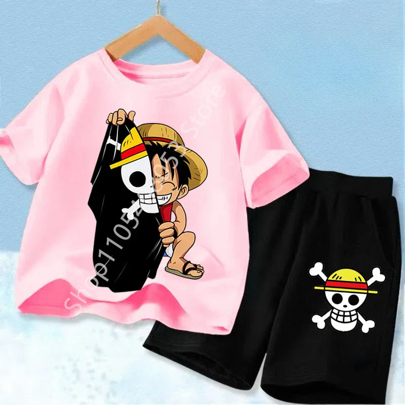 Summer Short Sleeve Clothes Set Anime Boy Girl T Shirt Shorts 2pcs One Piece Kids Outfit Chopper Luffy Tracksuit Suit Children