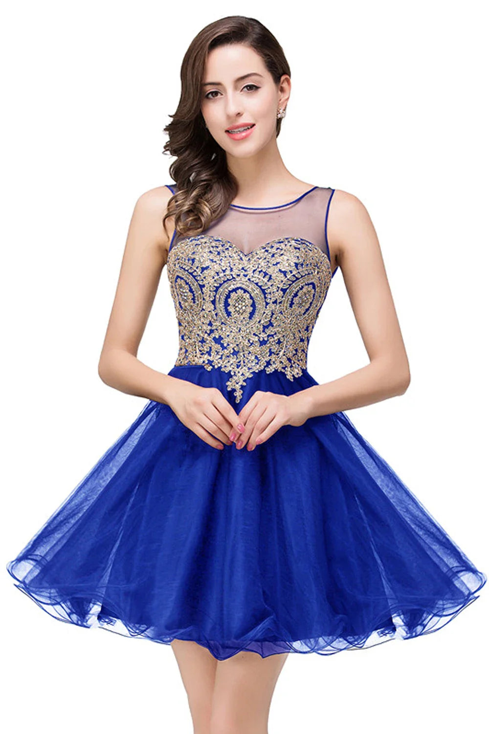 Vestidos Curtos Roxo de Baile com Apliques Dourados, Decote Ilusão A-Line, Mini Vestidos de Festa da Moda para Mulheres, Robe De Soirée