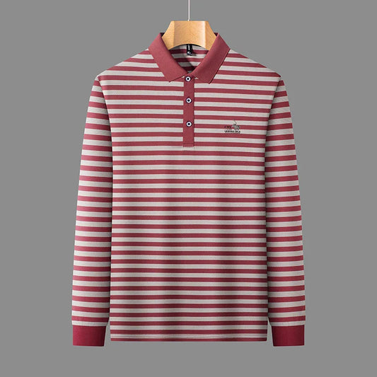 2025 new spring and autumn season new men's striped long sleeved T-shirt business casual lapel polo shirt base top
