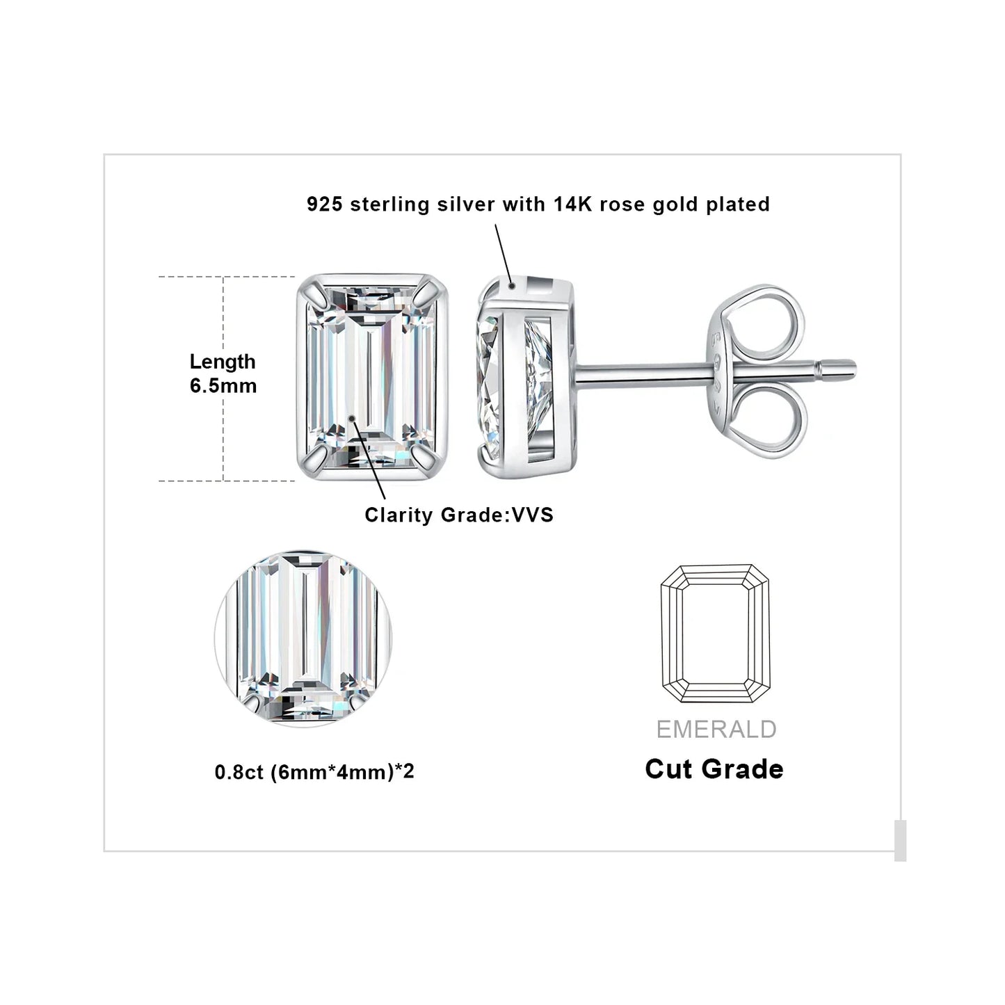 Moissanite D Color 1.6ct/pair Emerald Cut 925 Sterling Silver Stud Earrings for Woman Yellow Rose Gold Plated