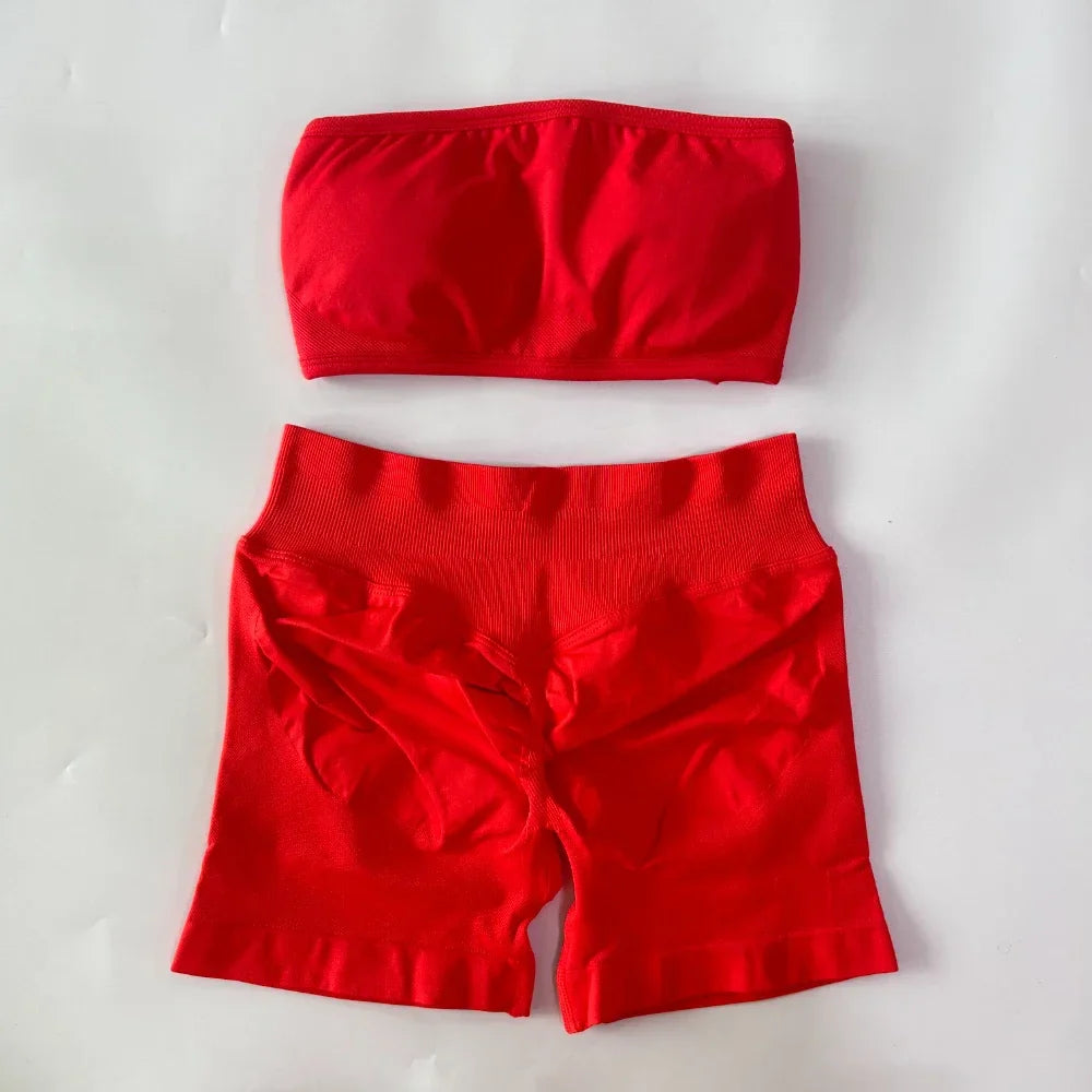 No Logo Women 2 Pieces Yoga Set Backless Bandeau Sports Bra Scrunch Shorts Yoga Clothing Gym Set Workout Clothes Outfits Sets