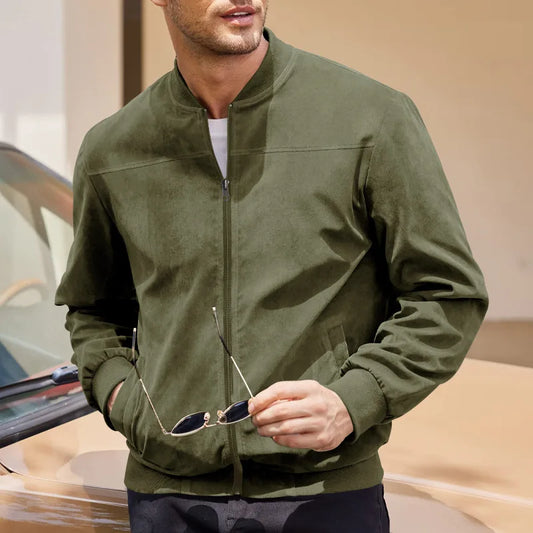 Suede Solid Color Zipper Jacket Casual Vintage Long Sleeve Cardigan Jacket Men