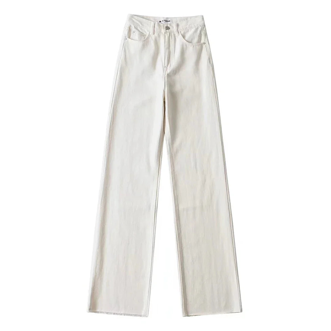Classic Straight-Leg High-Waisted Denim Jeans with Raw Hem