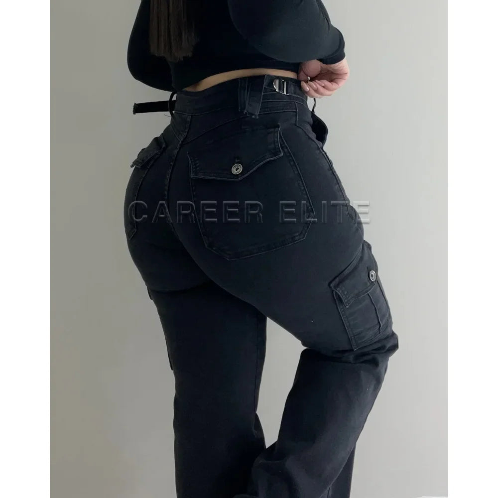 Calça Jeans Feminina Cintura Alta Elástico Calças Jeans S-3XL Comprimento Reto Outono Inverno Lavado Jeans Clássico Y2k
