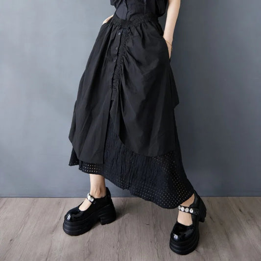Spring And Summer Woman Hollow-out Splicing Irregular Fashion Loose Patchwork Drawstring Elastic Waist Pleated Umbrella Skirt