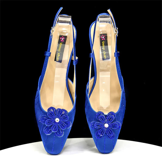 Elegant Italian Women's Blue Color Rhinestone Heels with Floral Design & Matching Clutch Bag Set - Perfect for Parties