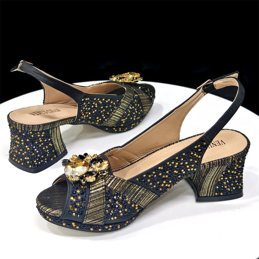 Luxurious Italian Women's Party Shoe and Bag Set – Elegant Black Rhinestone Peep-Toe High Heels Sandals for Weddings