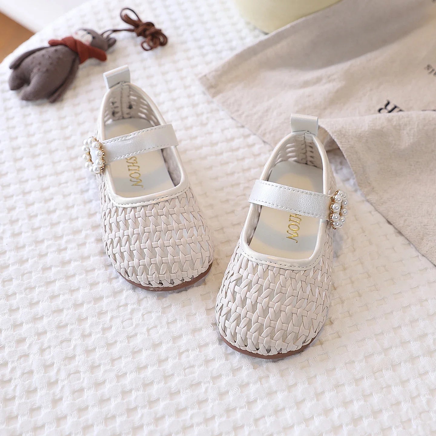 Spring Girl's Sandals Braided Pearl Hook-loop Chic Kid's Flat Shoe Solid Colors Anti-slip Casual Versatile Children Shoes 4-6Y