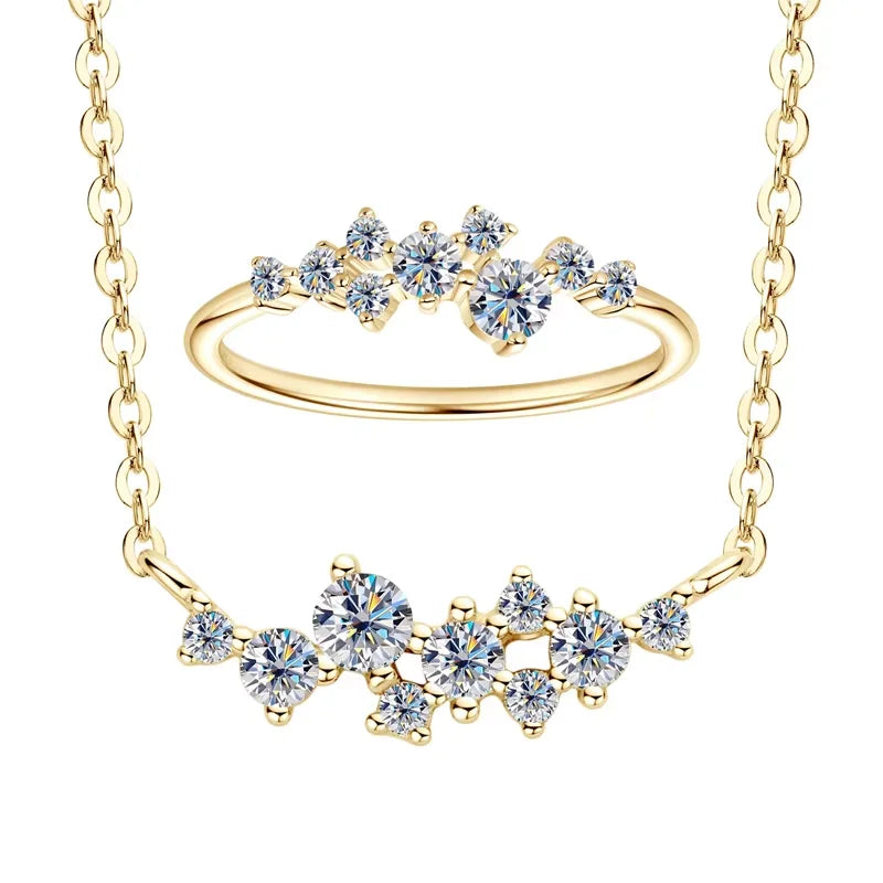 Colar e Anel de Diamantes Moissanite Prata Esterlina 925 Conjunto de Joias com Pingente de Aglomerado para Mulheres Anéis de Noivado Presente