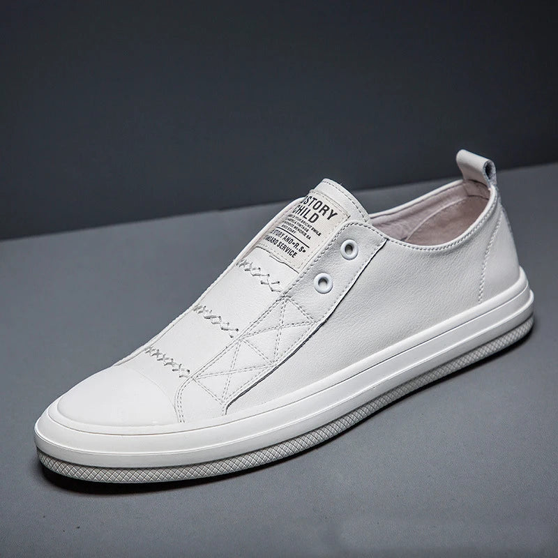 Sapatos Casuais Masculinos de Couro Genuíno Preto e Branco Sapatilhas Macias de Couro Bovino de Marca Calçados Masculinos Jovens Descolados para Rua D237