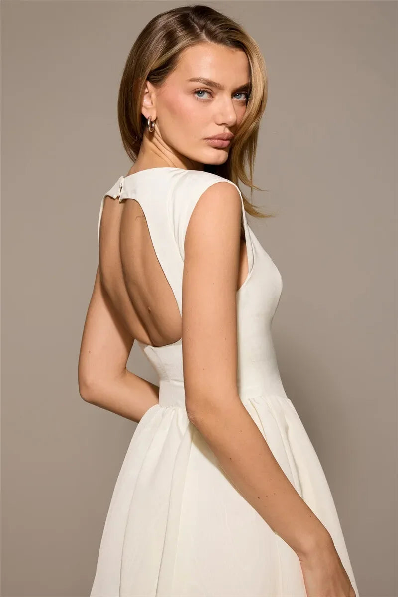 Women Circle Cut Out Back Dress Wide Shoulders and Fitted Waist Prom Dress Fluffy Hem Midi Wedding Party Dresses