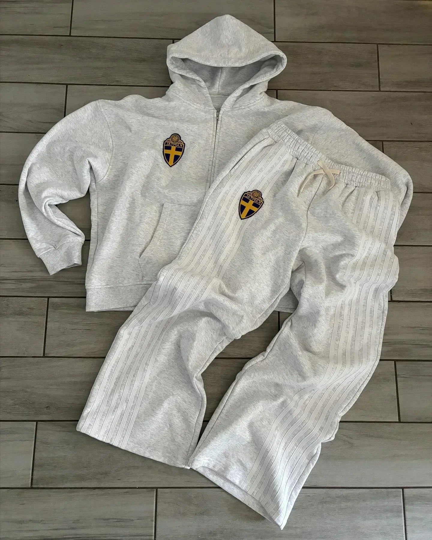 Y2K Zip Hooded Sweatpants Set Men Two Piece Hip Hop Embroidered Vintage Stripe Oversized Hooded Sweatshirt Casual Pants Set