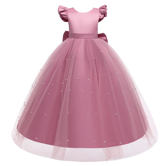 Teen Big Bow Girls Princess Dresses for Bridesmaids Kids Party Dress for Girl Beading Wedding Prom Pageant Dress Gown 5-14 Years