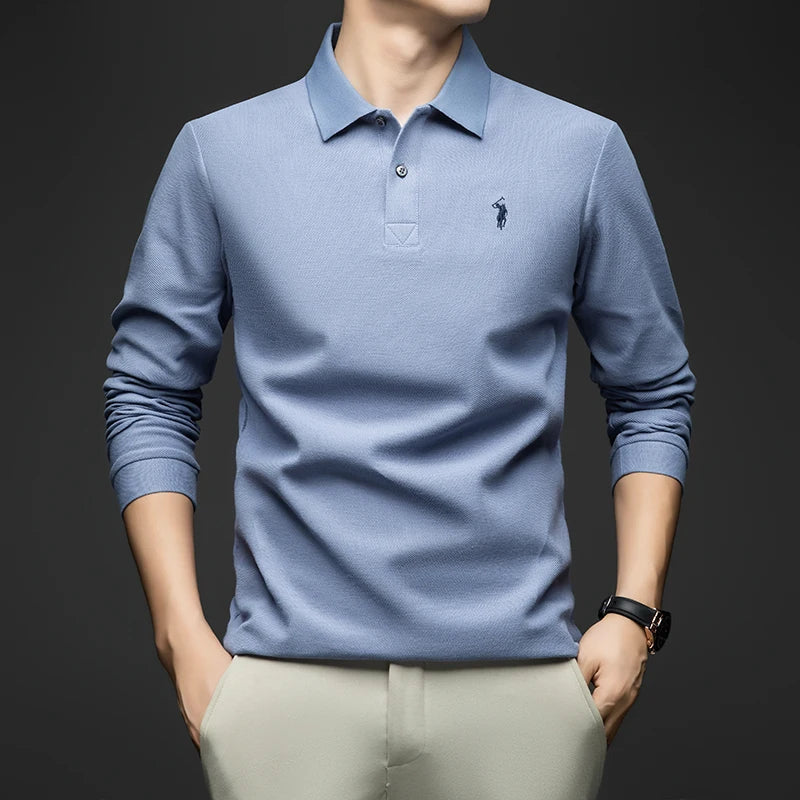 100% Pure Cotton Men's Long Sleeved Polo Shirt, Collar T-shirt, Spring and Autumn Top, No Ironing, Wrinkle Resistant Embroidery