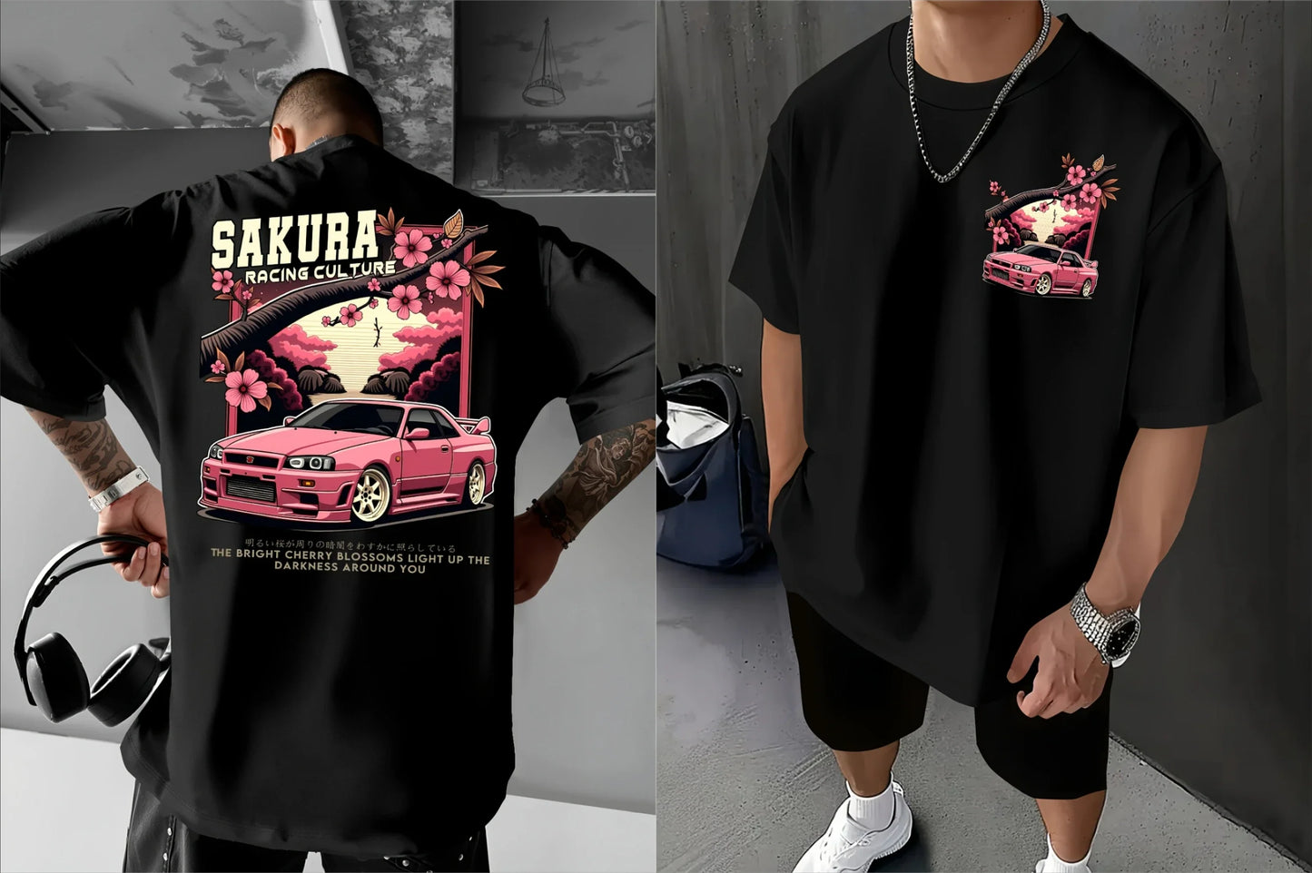 Men's Japanese Racing Graphic T-Shirt Sakura Motorsport Tee Cherry Blossoms Loose Fit Back Print Shirt Drift Events Streetwear