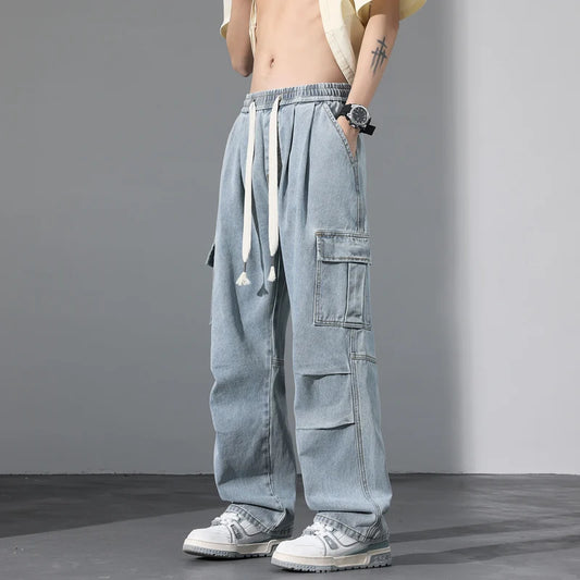Large Pocket Baggy Solid Jeans Men's 2026 New Spring Classic Straight Denim Trousers Street Y2K Elastic Waist Casual Cargo Pants