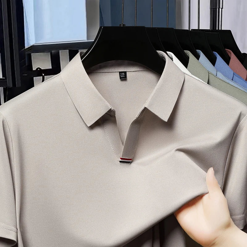 High quality brand solid color V-neck short sleeve polo shirt men summer fashion simple casual ice silk breathable lapel T-shirt