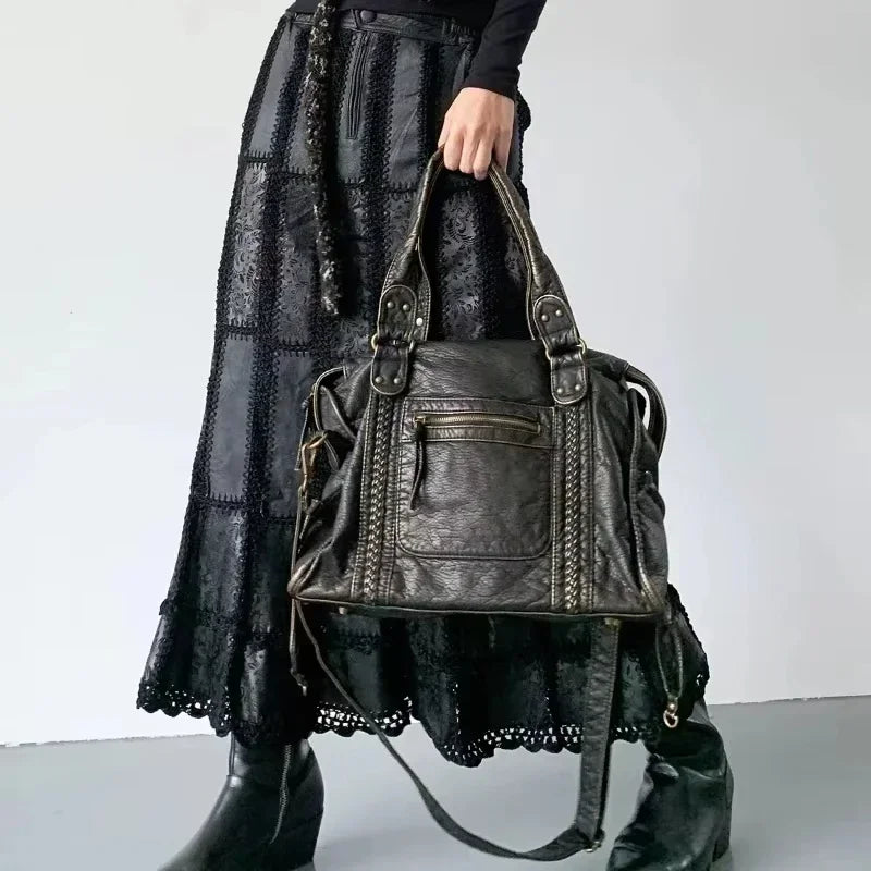 Braided Trim Black Leather Tote Bag with Gold Rivets & Front Zipper Pocket - Top Handle Work Purse for Women, Briefcase 