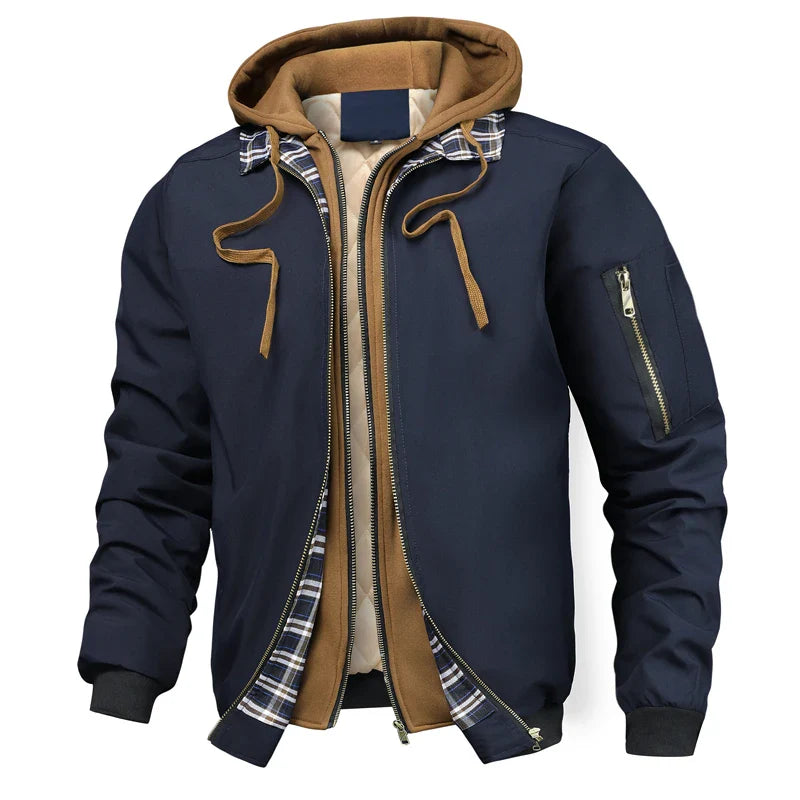Jaqueta Bomber Masculina de Inverno Outono Quente, Corta-Vento Grosso Masculino para Atividades ao Ar Livre, Casacos com Capuz para Caminhada, Jaqueta Parka Esportiva Térmica Masculina com Zíper