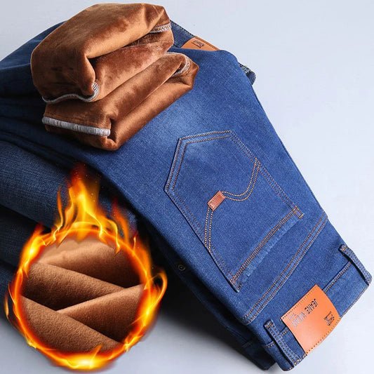 Men New Fashion Winter Warm Jeans Male Fleece Lined Thickened Denim Pants Loose Straight Comfortable Casual Black Blue Trousers