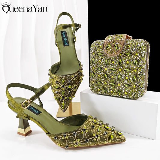 Elegant Full High Quality Diamond Design Olive Color Italian Women's Shoe and Handbag Set for Weddings and Special Occasions