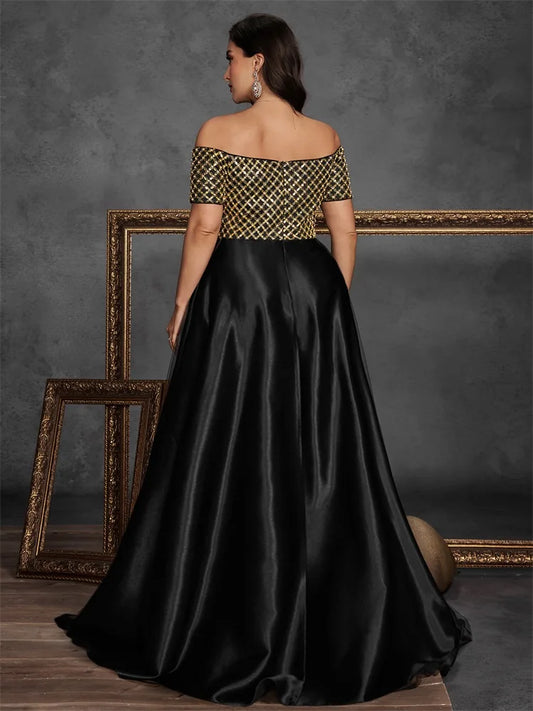 Vestidos de Festa Formais Elegantes Plus Size com Mangas Curtas, Lantejoulas e Apliques para Mulheres, Luxuosos, para Madrinhas e Coquetéis