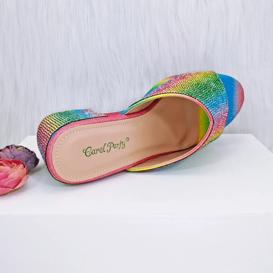 Italian Design Rainbow Colored Rhinestone Striped High Heels, Nigerian Paired With Open Sandals, Shoes Bag Set For Women